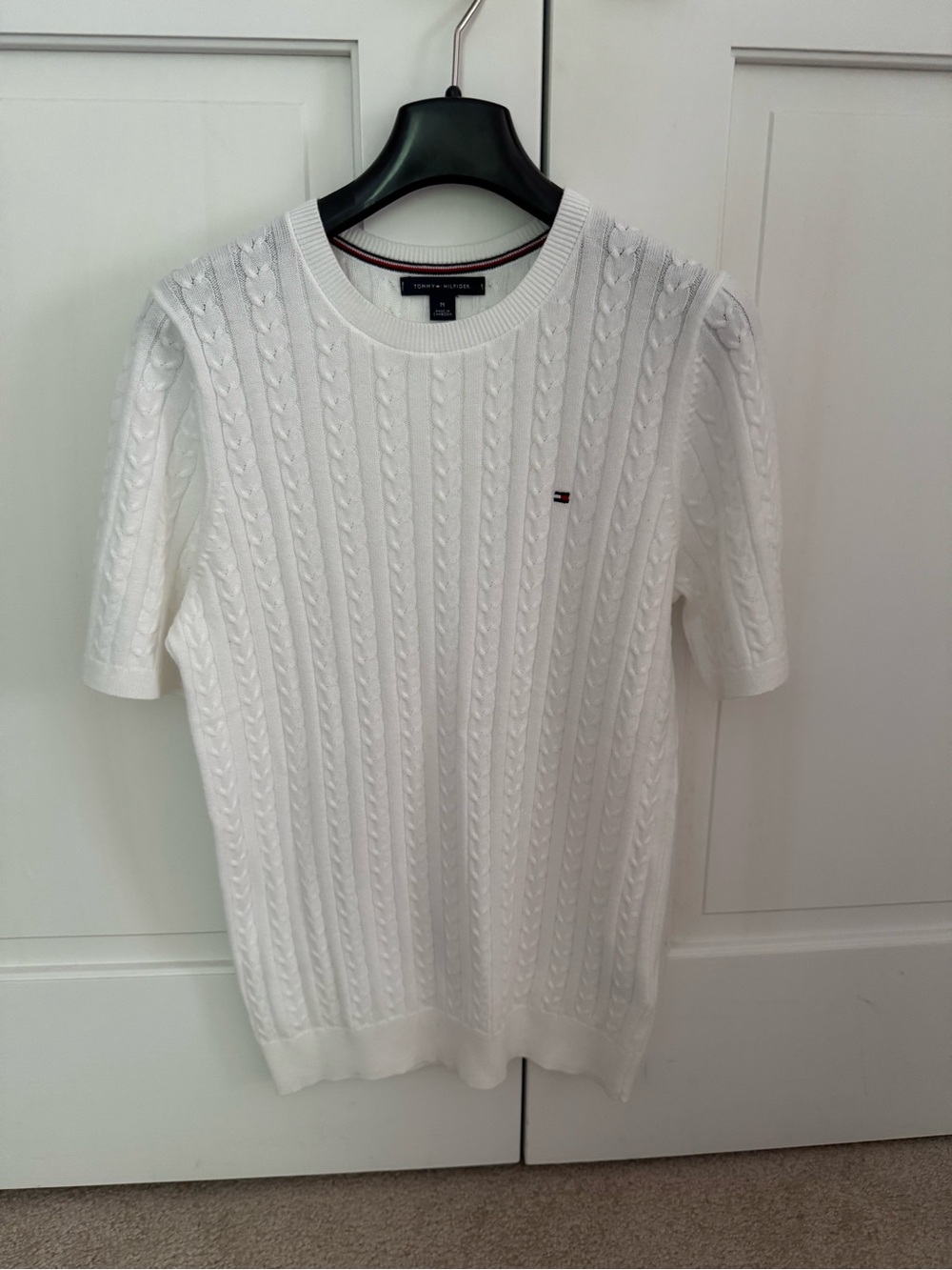 Tommy Hilfiger Womens White Cable-Knit Short Sleeve Sweater